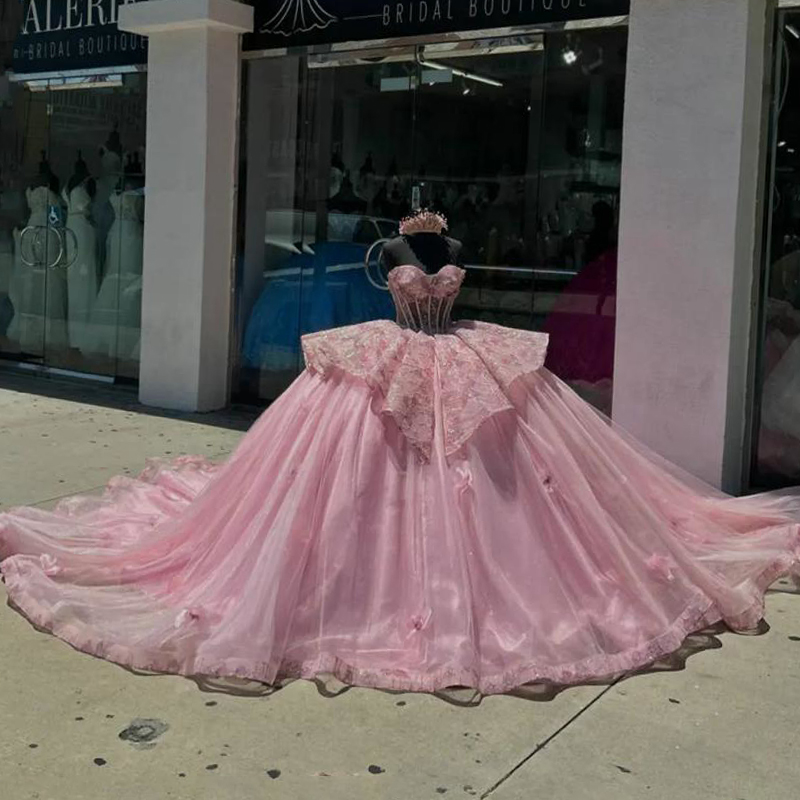 Pink Shiny Sweetheart Sleeveless Ruffles Ball Gown Quinceanera Dresses Lace Beads Crystal Tull Vestidos De 15 Anos Sweet 16 Dress