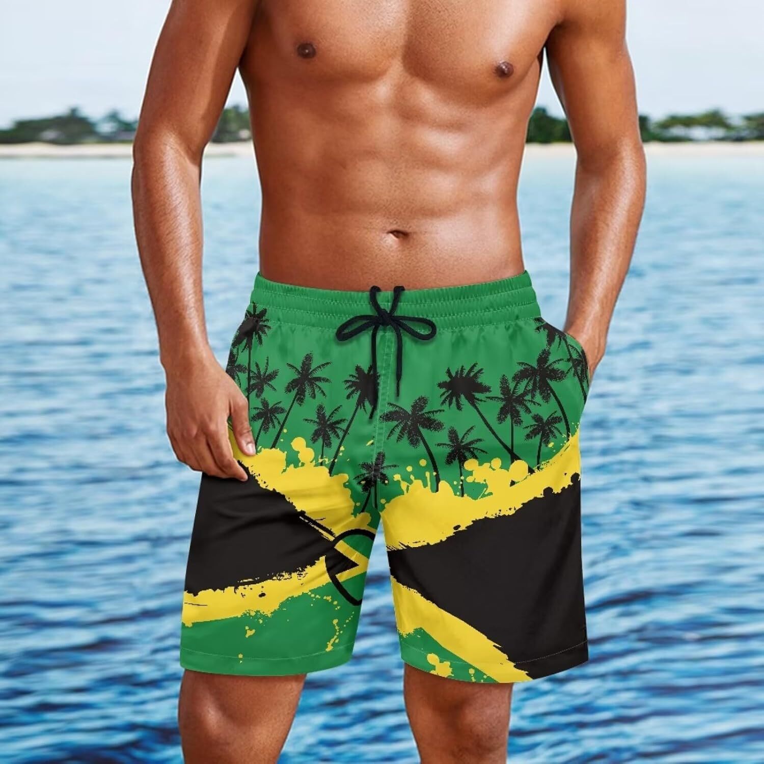 Beach Pants For Men 3D Printed Jamaican Lion Flag Quick Dry Board Trunks With Pockets Mesh Lining Swim