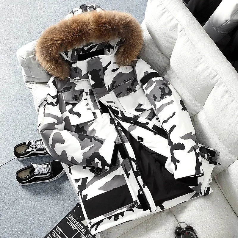 Winter -30 degree down jacket for men 90% white duck down big fur collar warm and thick park chiffon jacket for men camouflage 240826