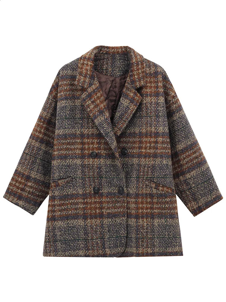 Womens jacket wool winter Korean retro plaid loose top coarse tweed double breasted lapel womens 240826