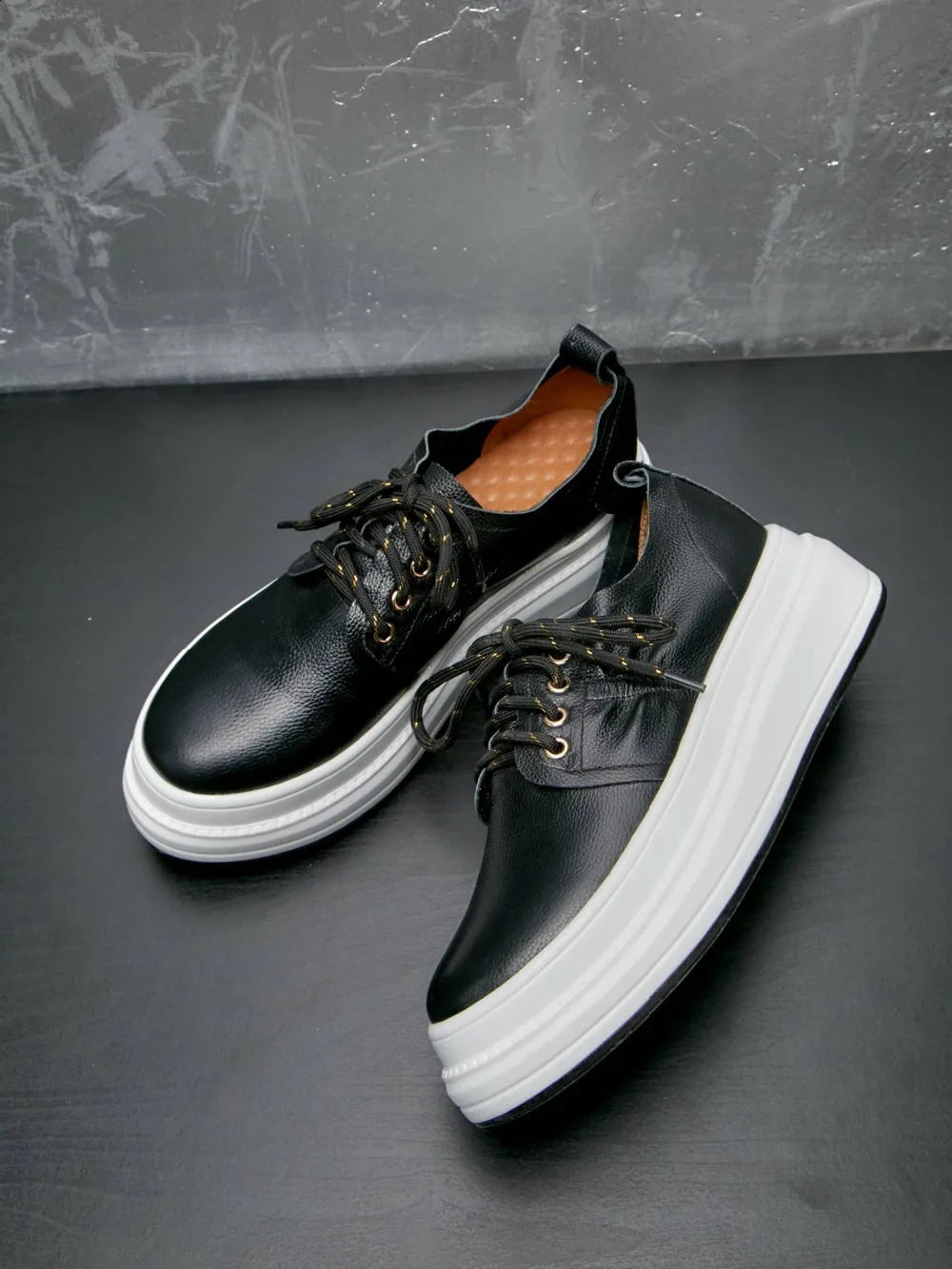 Krazing Pot soft natural leather round toe high sole lace upper sports shoes solid compact casual womens vulcanized shoes L26 240827