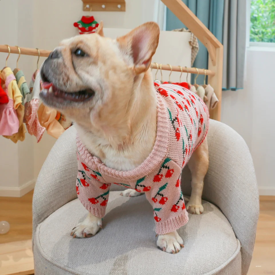 1PC Pet Clothing Cat Autumn Winter Thickened Warm Pink Cherry Elastic Pullover Knitted Sweater Suitable for Small and Medium Dog 240827