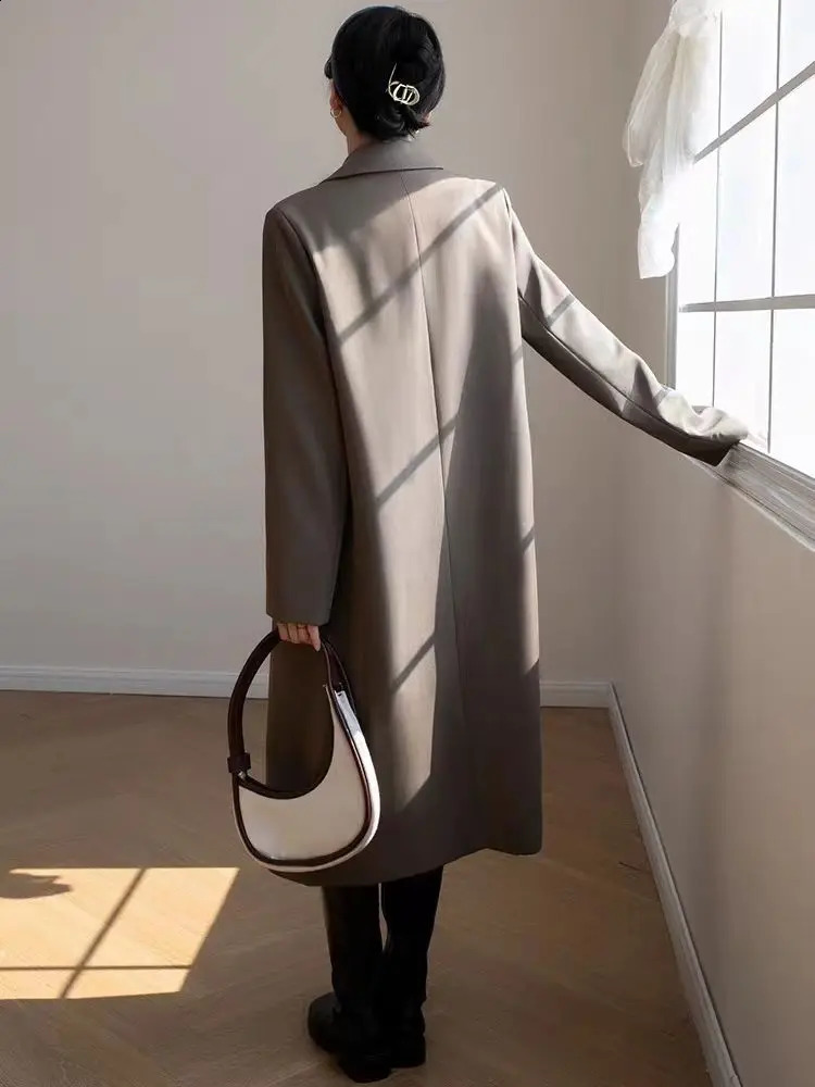 Casual Double Chest Long Jacket Trench Coat Korean Fashion Collar Windproof Retro Office Womens 240826