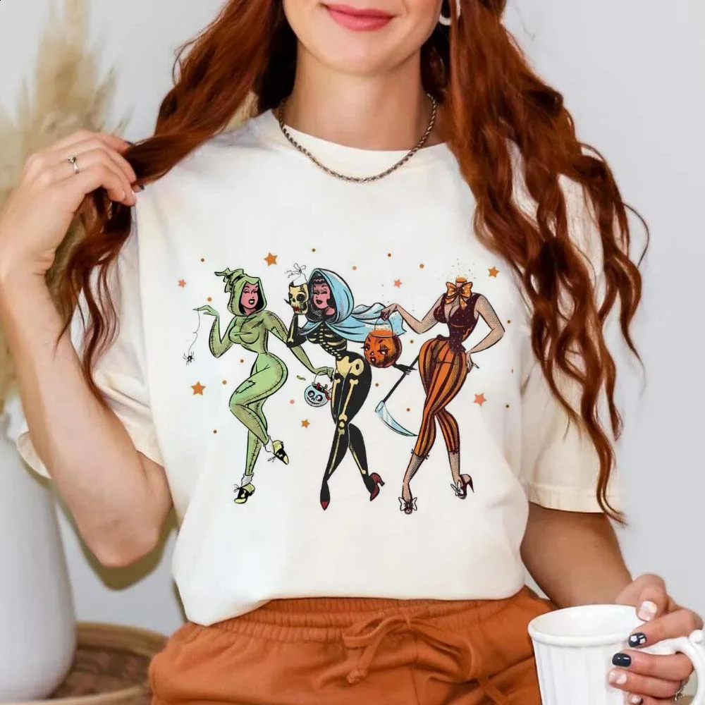 Vintage Halloween Ghost Pattern Kawaii T-shirt Short Sleeve Womens Printed Watercolor Fashion Top Womens T-shirt 240827