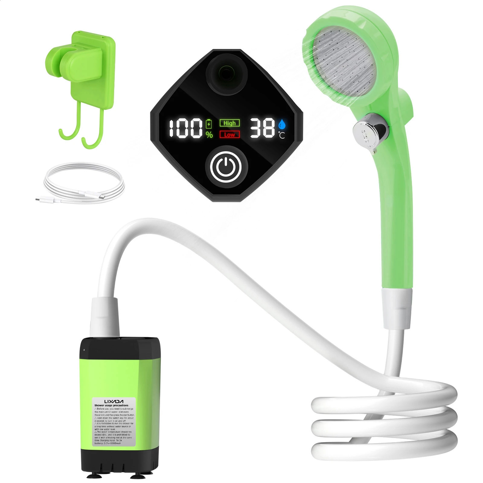 Lixada 6000mAh Portable Camping Shower Pump RV Outdoor Kit wFull Screen Intelligent Digital Display Camp 240820