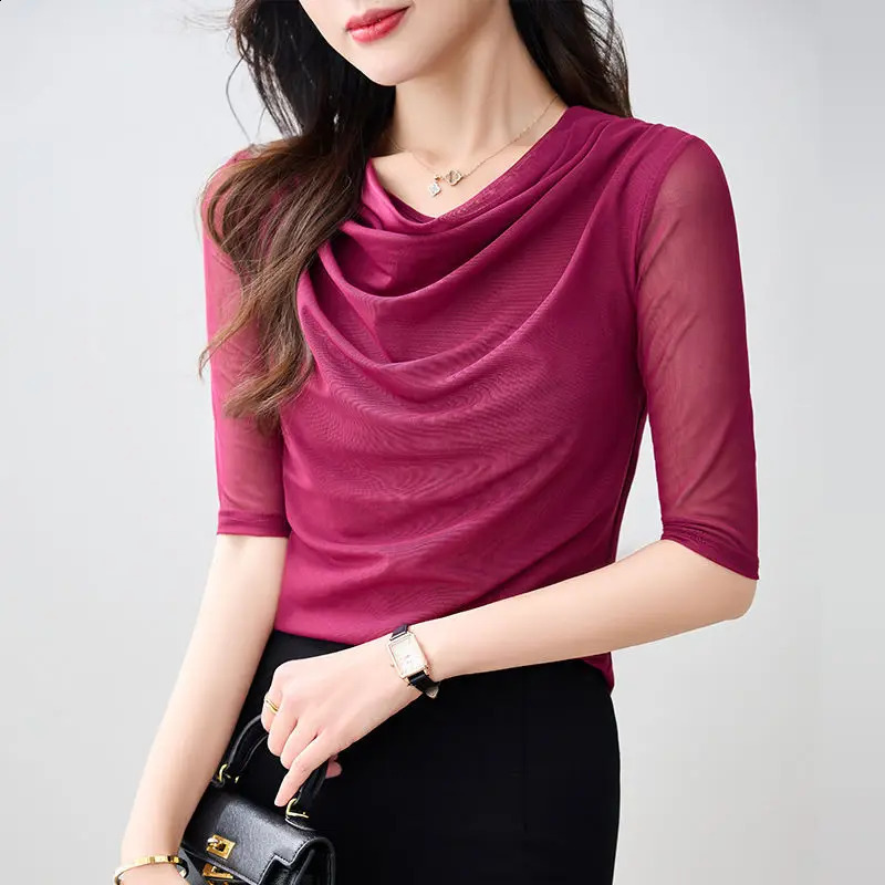 Womens short sleeved Tshirt pleated slim fit top monochrome mesh simple casual summer wear temperature 240827