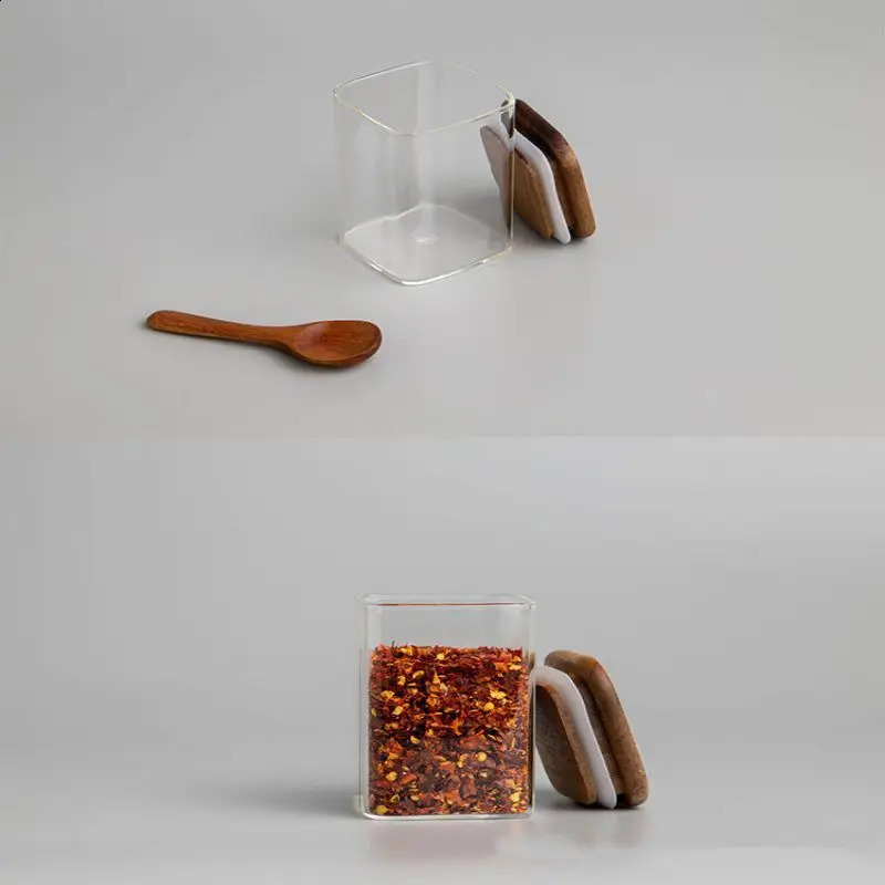 4 pieces of Acacia wood lid seasoning jar square transparent glass bottle kitchen storage salt spice restaurant sealed w240826