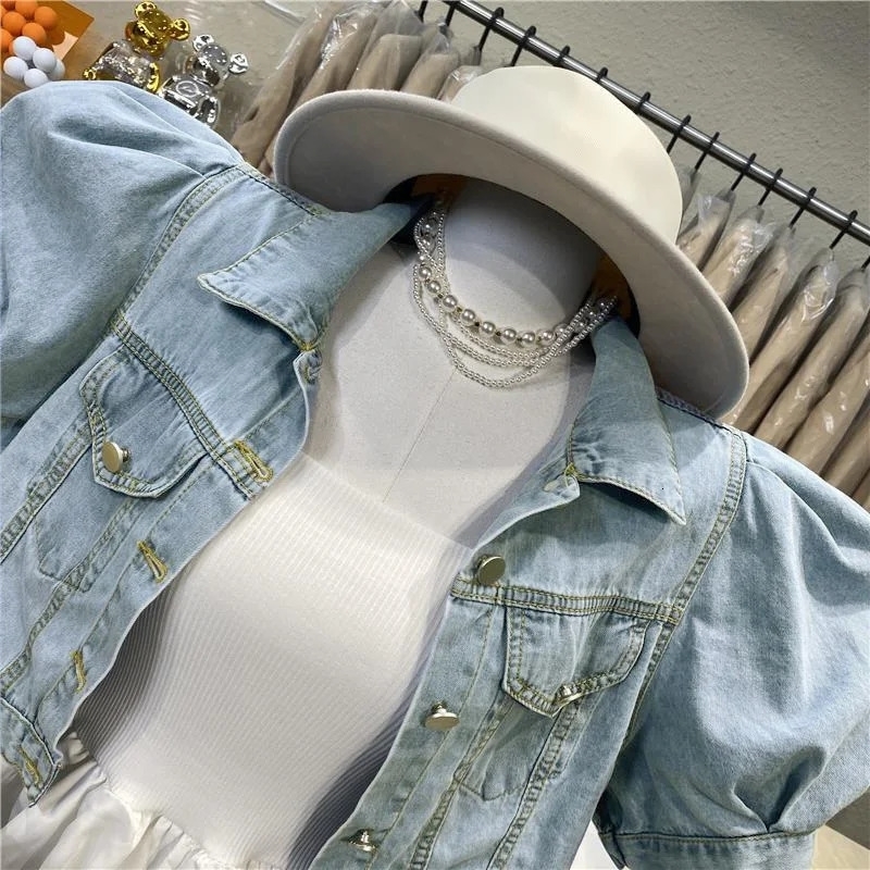 Womens summer short sleeved denim jacket Puff sleeve top 240826