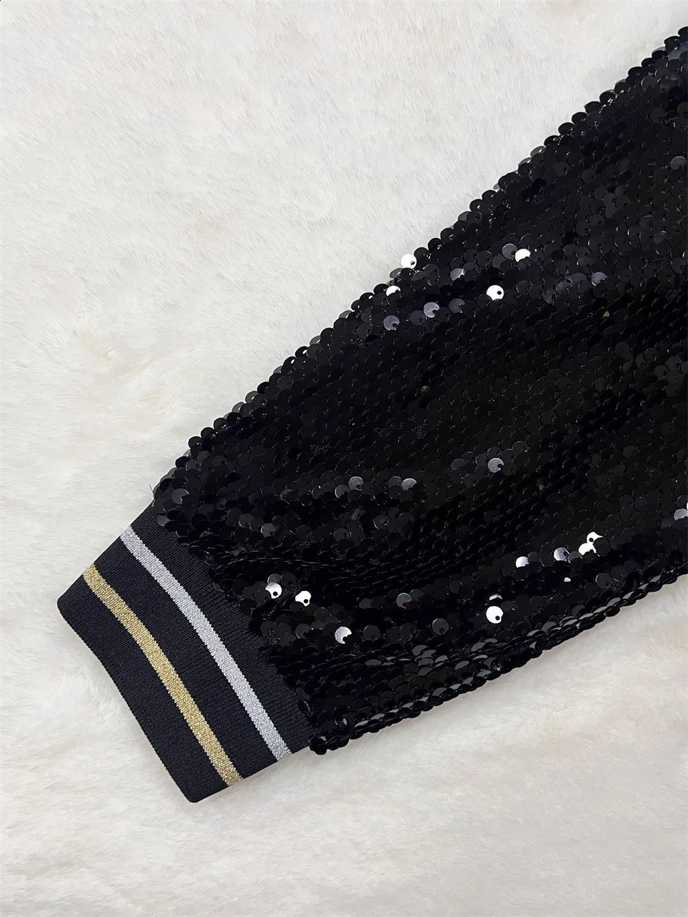 Spring Autumn Golden Black Sequined Jacket Women Patchwork Stand Collar Long Sleeve Short Coat Top Baseball Uniform 39972 240827