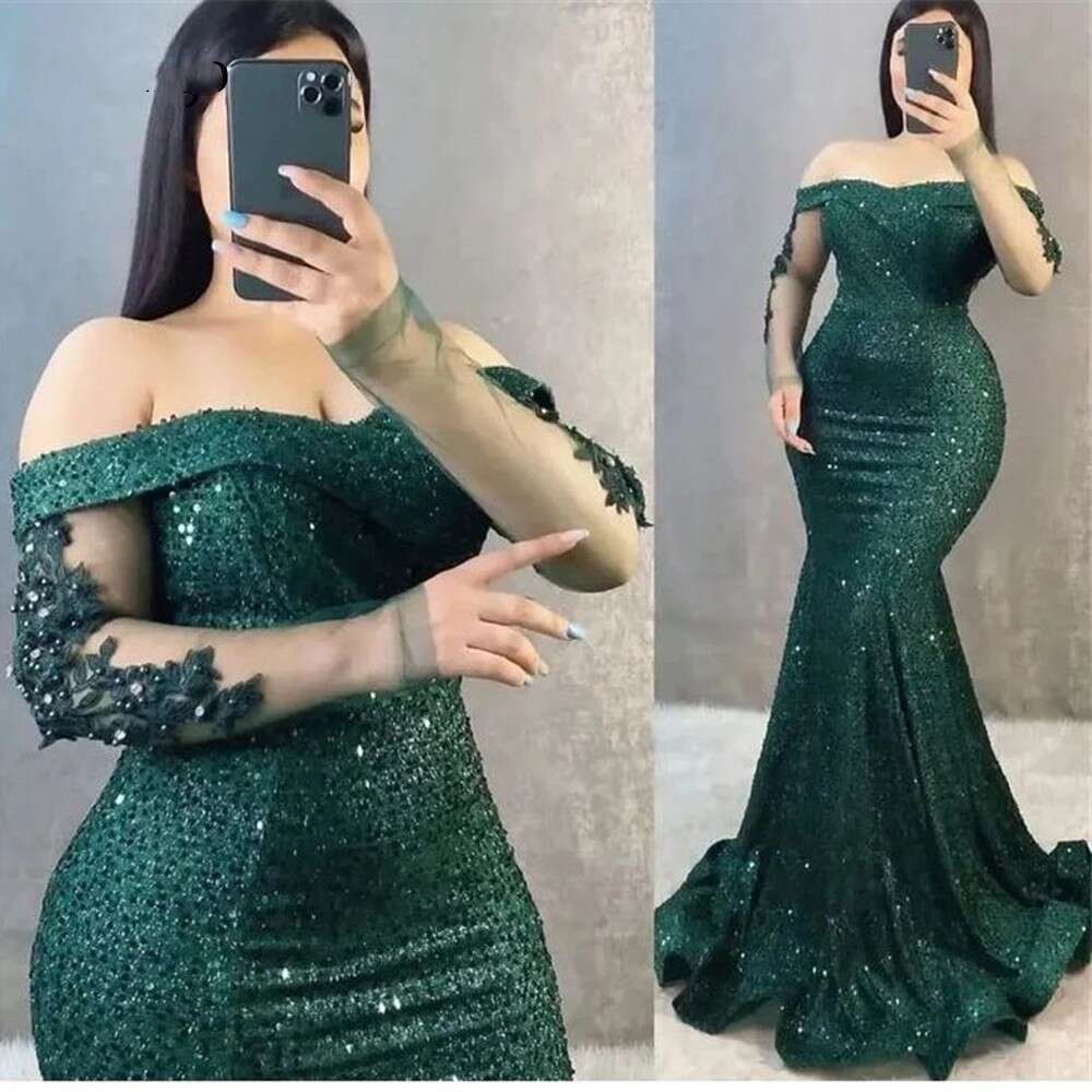 Sparkly Sequin Green Mermaid Evening Dresses Off Shoulder Long Sleeves Applique Arabic Women Formal Plus Size Prom Gowns Custom