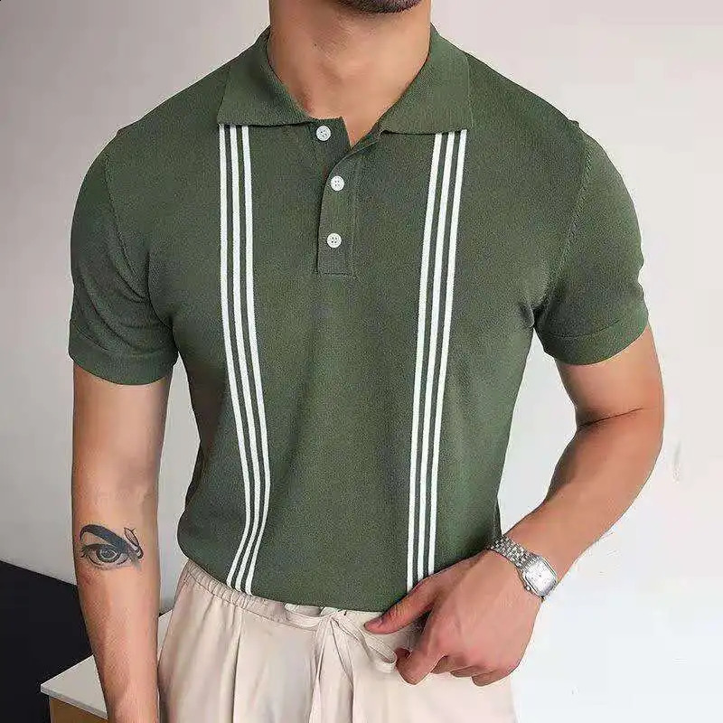 Vintage Polo Shirt Men Stripe Print Patchwork Knitting Casual Lapel Pullover Summer Fashion Men Short Sleeve Slim Polo Shirt 240827