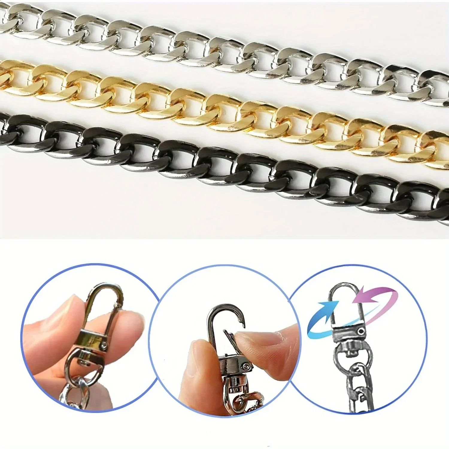 Purse Chain Strap Flat Handbag Chains with Metal Buckles for Wallet Satchel Tote Bags Shoulder Bag Replacement 240826