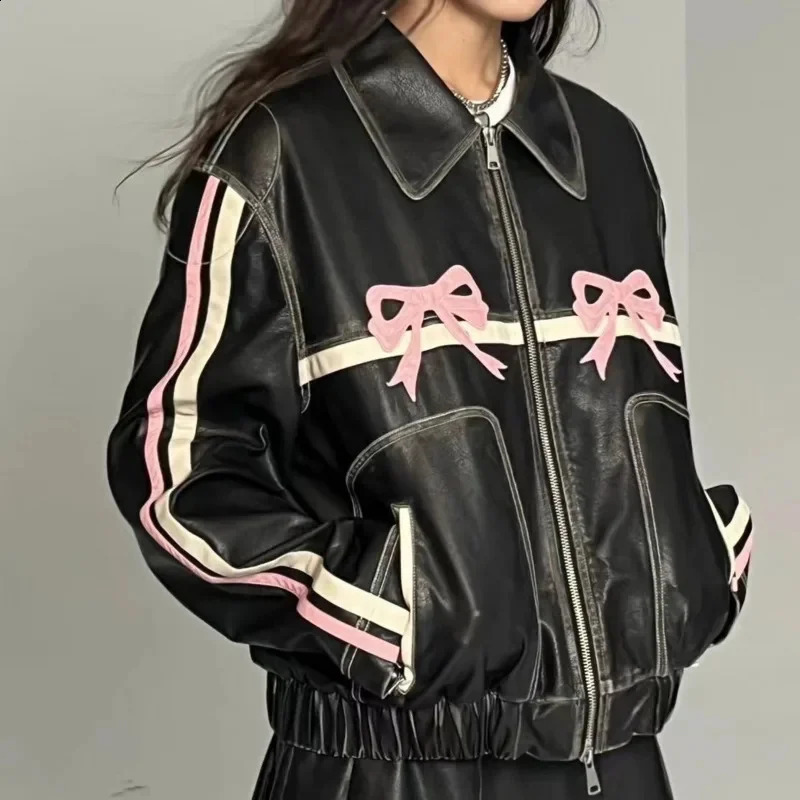 Y2k Motorcycle Bow PU Leather Jackets High Street Zipper Oversized Coats Vintage Jackets Female Casual Womens Clothing 240827