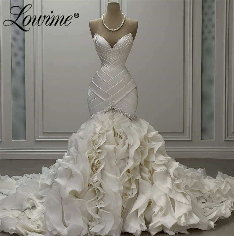 Ivory White Customized Princess Ruffles Tiered Organza Wedding Dresses Mermaid Long Arabic Bridal Gowns With Pearl Crystals