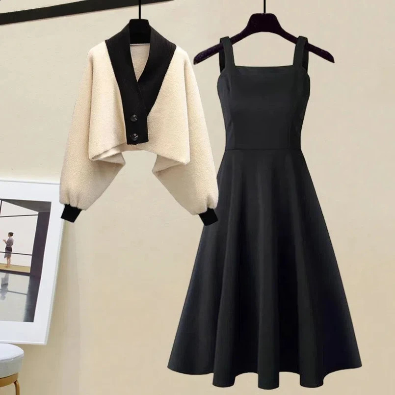 Autumn and winter womens clothing Korean style slim fit sweater casual dress elegant twopiece set 240827