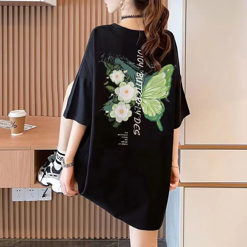 Summer floral alphabet round neck short sleeved loose and fashionable Midi T-shirt womens office womens top 240826