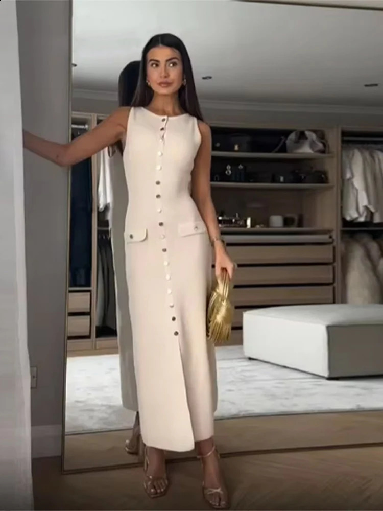 Fashionable Knitted Long Dress for Women Unique Compon Sleeveless Single Chest ONeck Hip Set Womens Summer Robe 240826