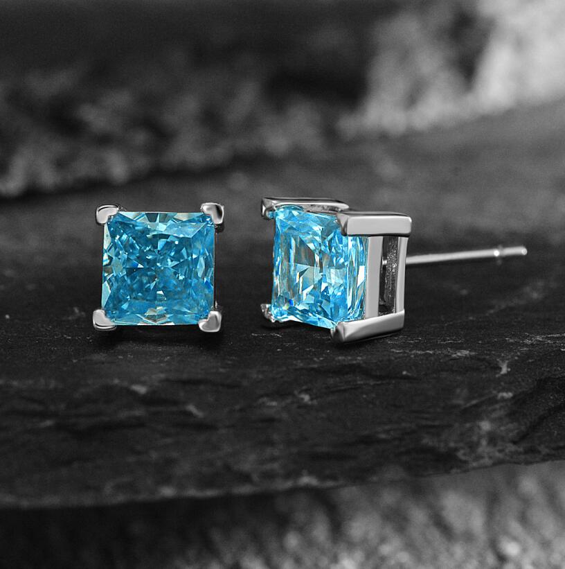 Moissanite Stud Earrings: 1.5CT Princess Cut Aquamarine in 100% Sterg Sier