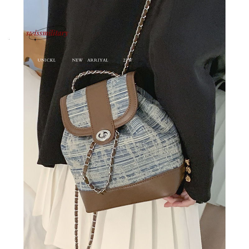 Swissmilitary Korean version fashionable for women 2023 new chain backpack versatile denim bucket bag #43