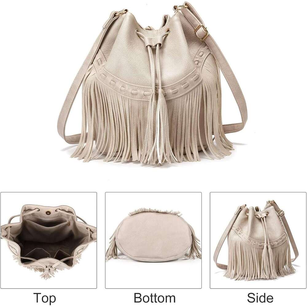 Leather Bucket Bag for Women: Crossbody Fringe Purse hot with Drawstring, Tassel Hobo & Shoulder Handbag