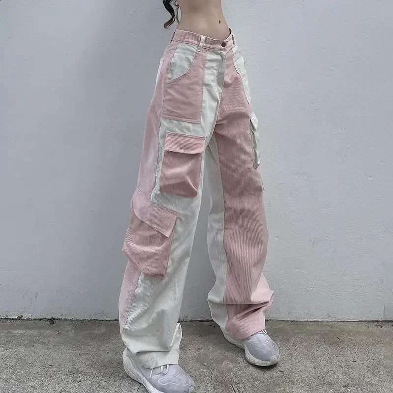 Black and white splicing contrast color corduroy cargo pants women high waist multi-pocket y2k baggy girl casual pants 240827