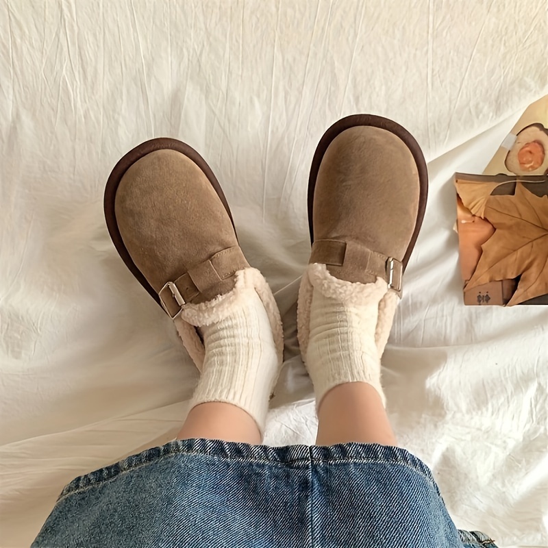 Women's Solid Color Fuzzy Loafers, Slip On Soft Sole Flat Warm Lined Shoes, Winter Plush Non-slip Snow Shoes