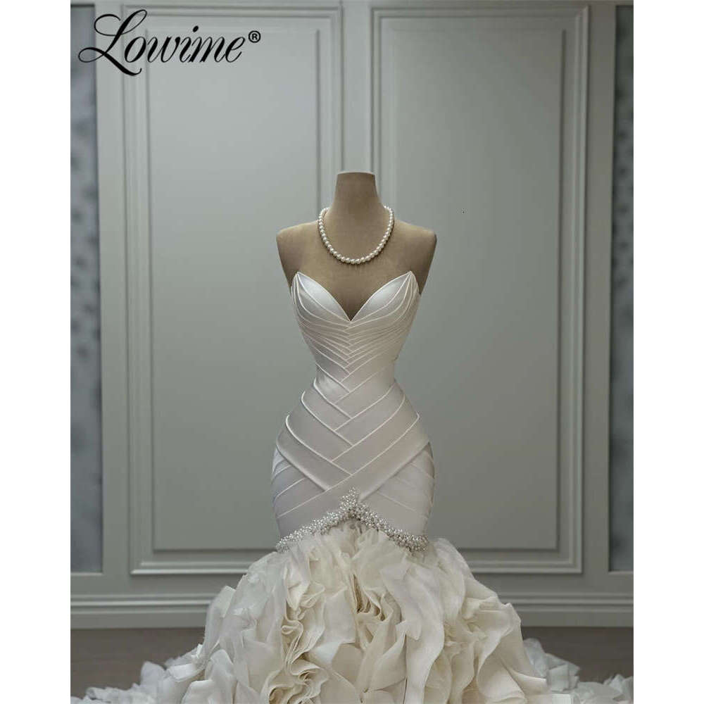 Ivory White Customized Princess Ruffles Tiered Organza Wedding Dresses Mermaid Long Arabic Bridal Gowns With Pearl Crystals