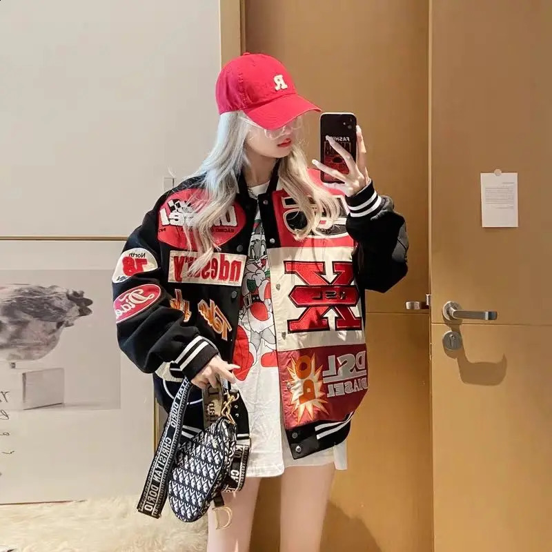 Hip-hop embroidery contrasting color stitching baseball uniform autumn and winter motorcycle loose heavy industry couple jacket 240827
