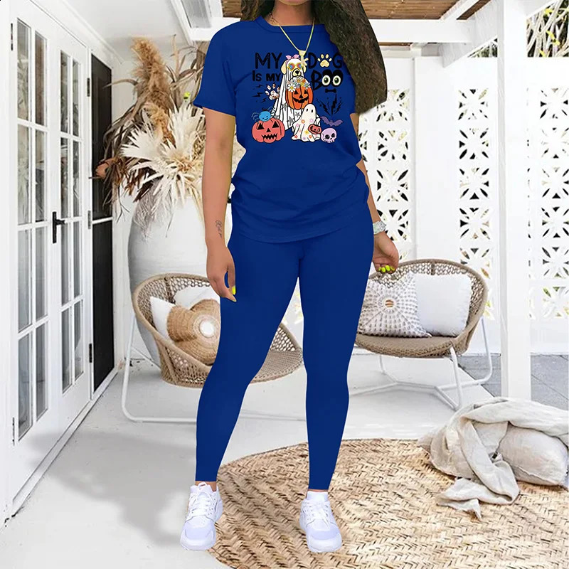 Halloween Dog Fashion Printed Two Piece Set Womens Casual Short sleeved T-shirt and Tight Summer Set 240827
