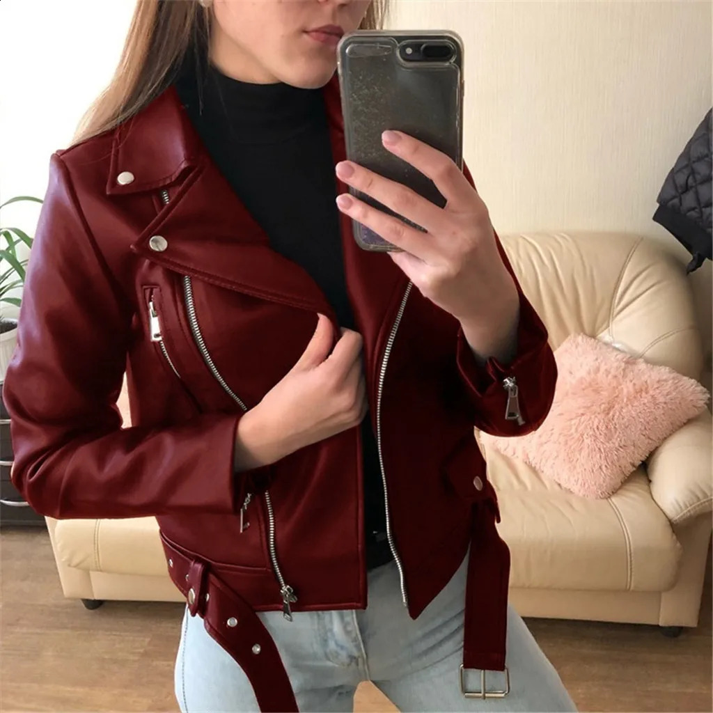 Retro artificial leather cut jacket for women long sleeved zipper PU leather zipper jacket womens lapel bomber leather jacket top 240827