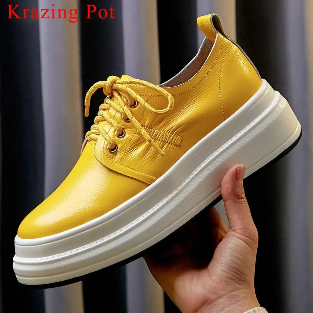 Krazing Pot soft natural leather round toe high sole lace upper sports shoes solid compact casual womens vulcanized shoes L26 240827
