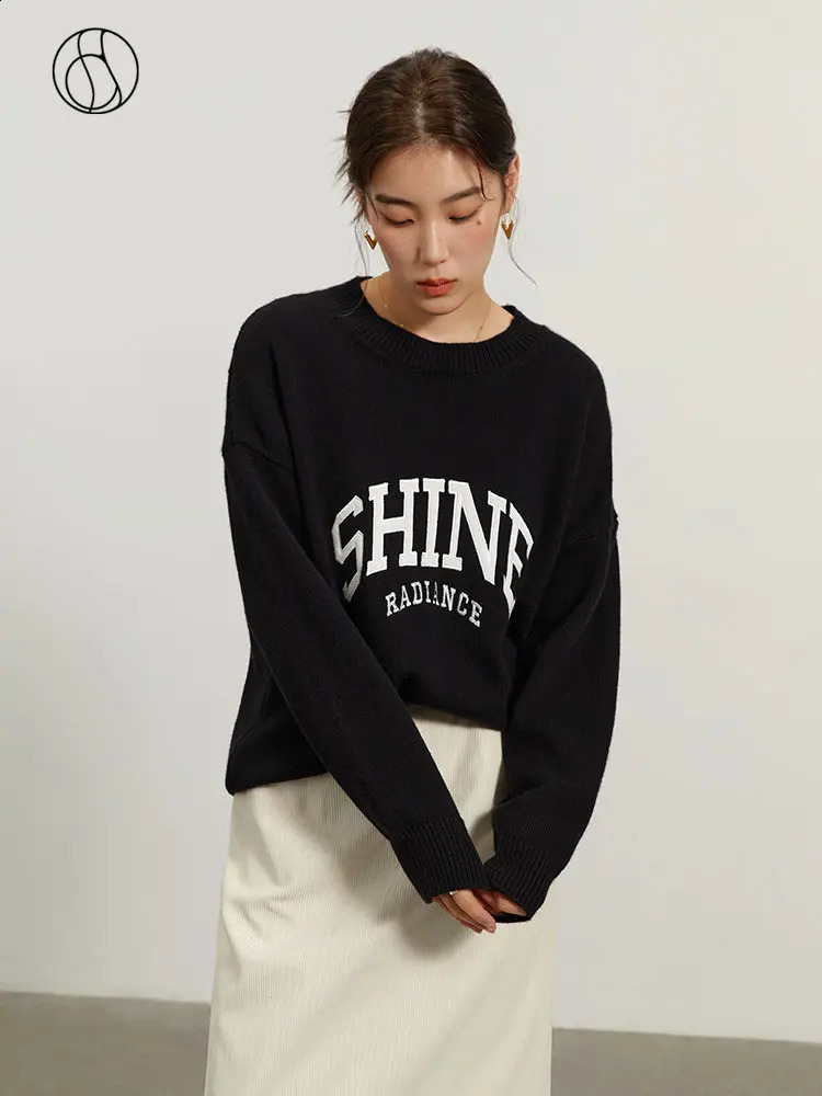 DUSHU Womens American Letter Printing Round Neck Retro Sweater Winter Black Grey 240826