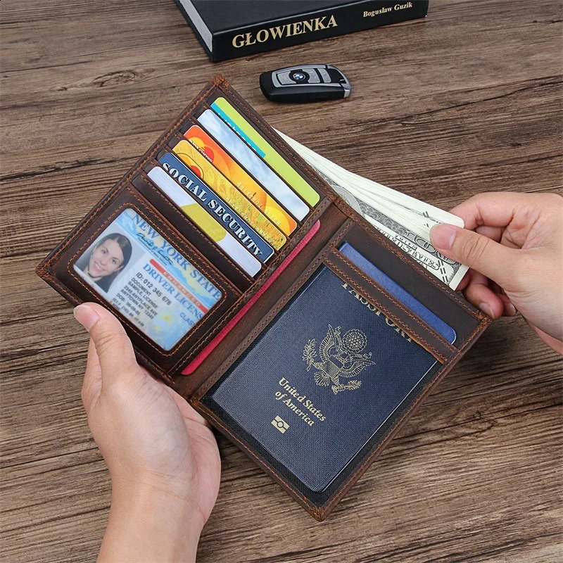 Crazy Horse Leather Passport Cover Men Women Genuine Leather Travel Passport Holder Case Card ID Holders Mans Long Wallets Black 240827