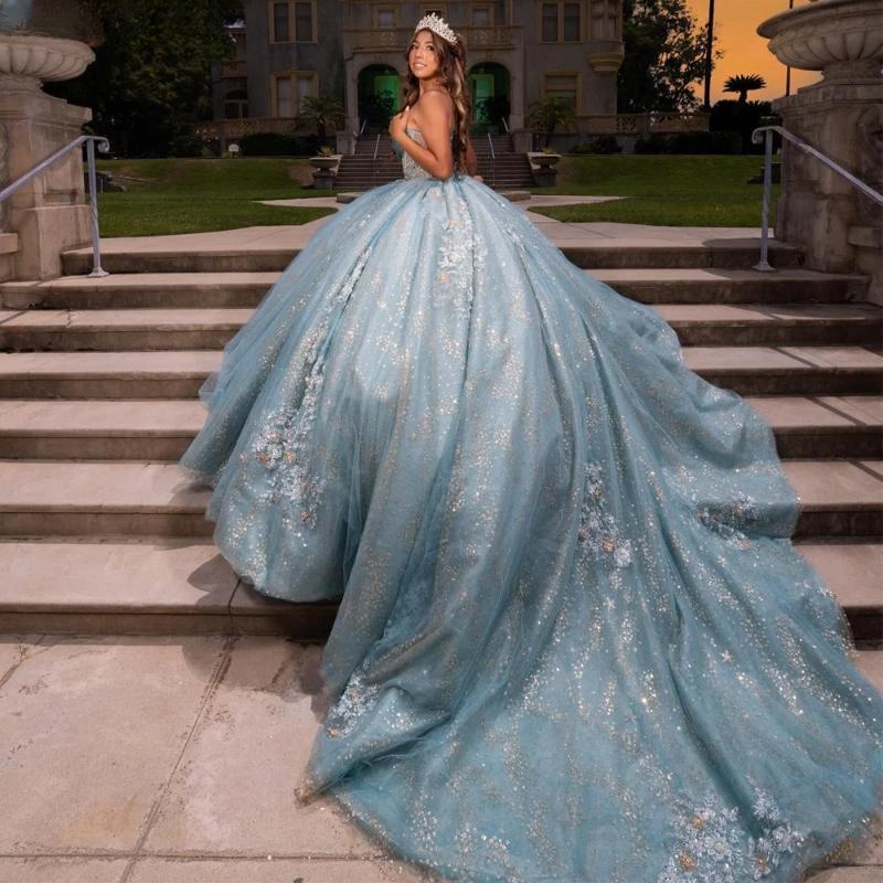 2024 Water Blue Quinceanera Dress Ball Gown Shiny Lace Applique Beading Corset Sweet 16 15 Formal Birthday Party Gowns Robe