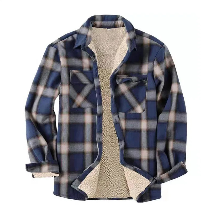 Mens winter thick plain shirt mens long sleeved shirt Sherpa lined shirt wool jacket 240827