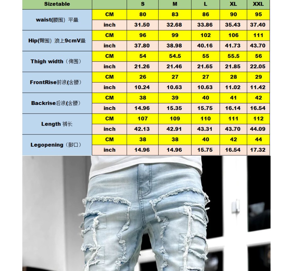 CNLONGBIDA Men's Jeans Stacked Pants Hirigin Regular Fit Patch Distressed Destroyed Straight Denim Pants Streetwear Clothes Casual Jean