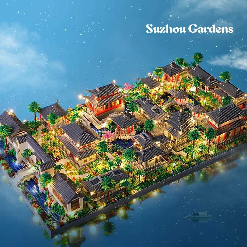 Lezi Architecture Ancient Exhibition Hall Temple Pagoda Lake Garden Door LED Light Model Mini Dia Block Architectural Toys No Box Free shipping