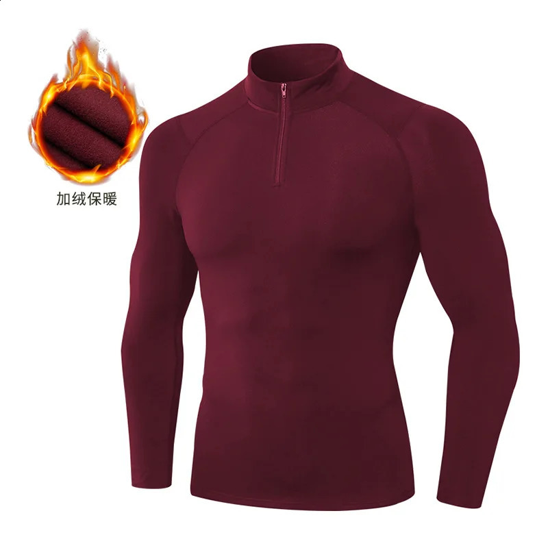 Mens autumn and winter velvet fitness suit Tshirt tight fitting exercise running long sleeved warm stand up hooded sweatshirt 240827