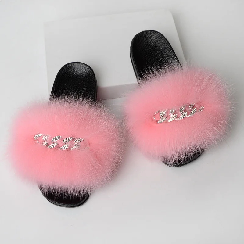 Summer womens slider womens real fox fur slider indoor fuzzy plush flip flat sandals fluffy home shoes womens arrival 240827