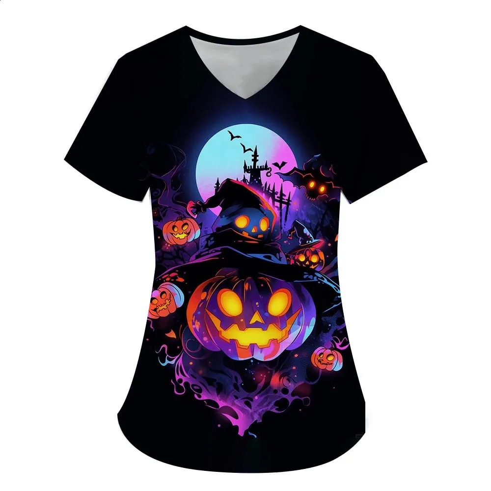 Womens fashion clothing Halloween series 3D printed nurse workwear V-neck T-shirt pocket womens short sleeved funny hip-hop 240827