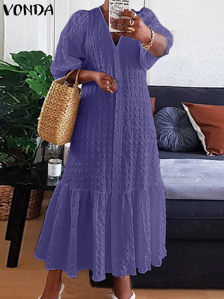 Plus Size 5XL VONDA Women Shirt Dress Summer Sexy V Neck Buttons Half Sleeve Long Maxi Vestidos Bohemian Elegant Party Robe 240827