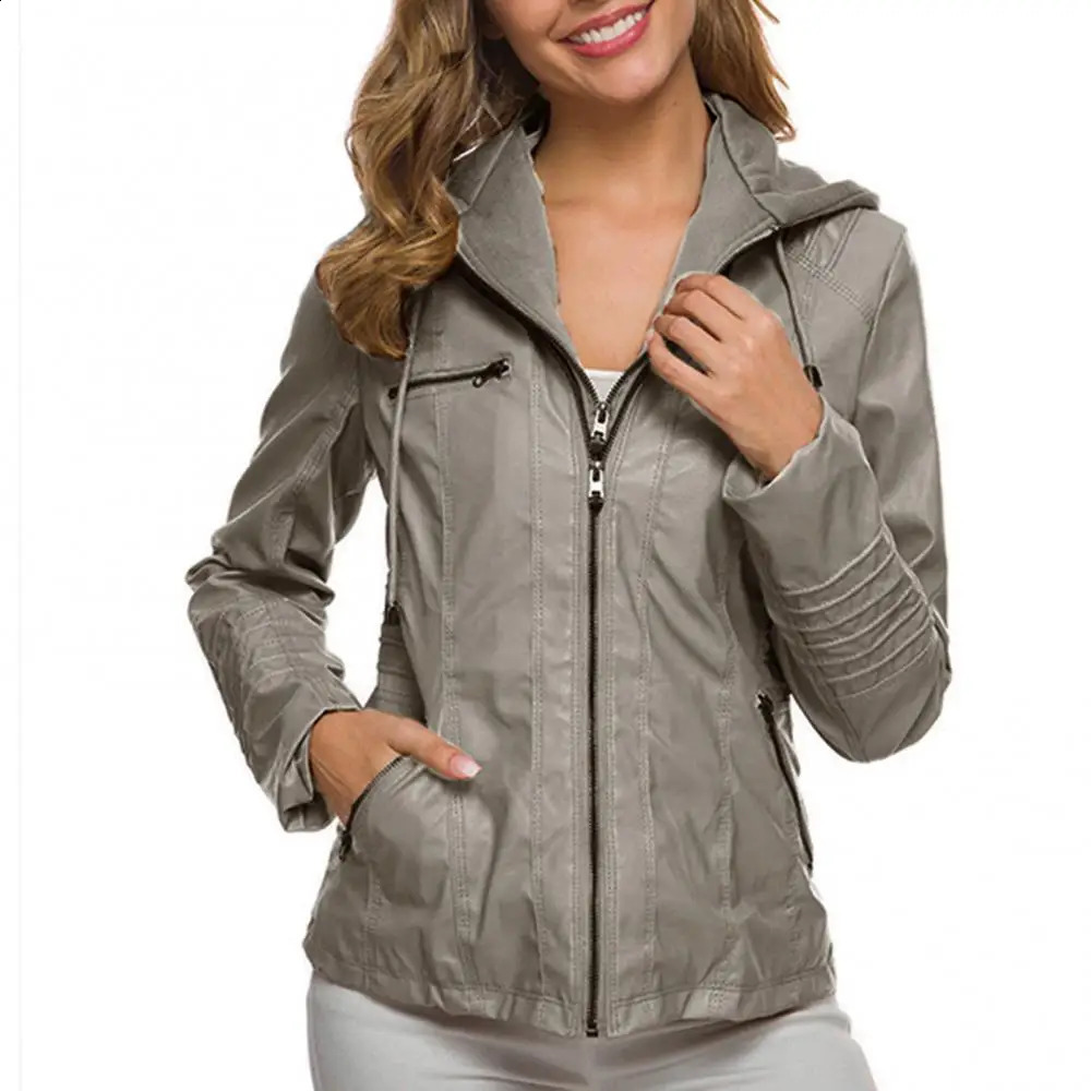 Womens artificial leather jacket solid color zipper motor jacket outerwear outerwear with pockets autumn and winter womens clothing 240827