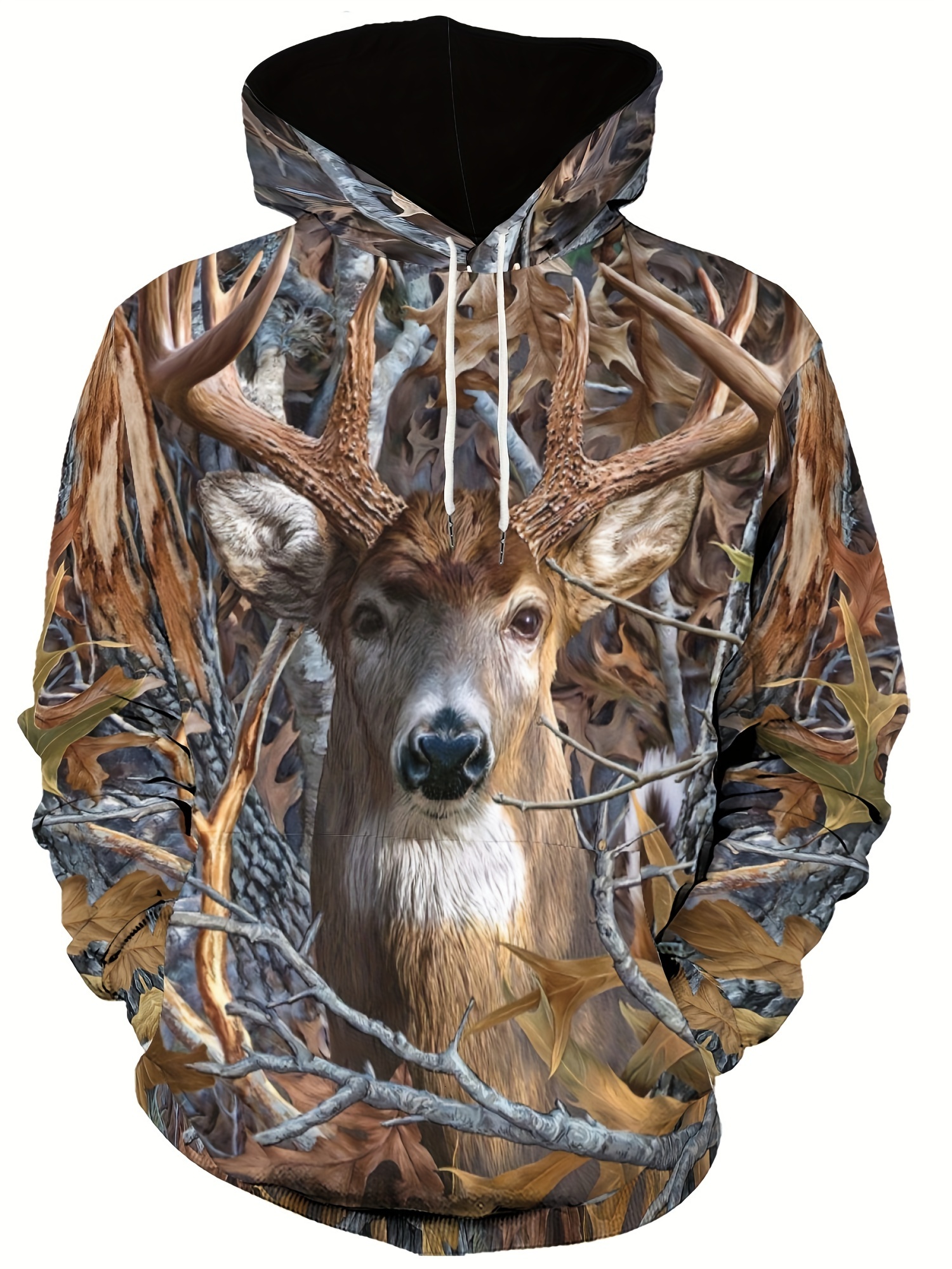 Mens Casual Deer Antler Print Hooded Sweatshirt - Soft Knitted Fabric, Regular Fit, Slight Stretch, Nature-Inspired 3D Design, Streetwear Fashion Top