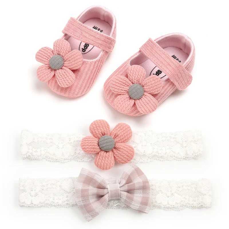 3 Cute Baby Girl Anti slip First Step Shoes Flower Sports Shoes Cotton Soft soled Shoes 2-Headband Set Baby Shoes M240827