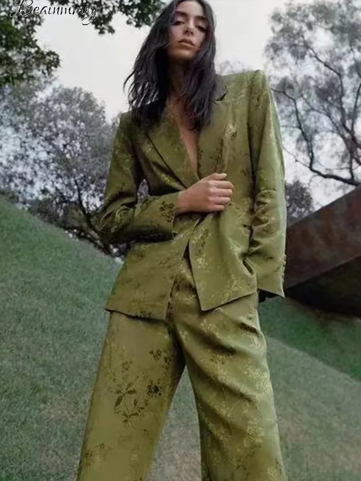 Elegant Green Jacquard BLazer Pants Set Women Casual Bow Lace Up Long Sleeve Lapel Jacket Straight Pants Lady Sets Autumn 240826