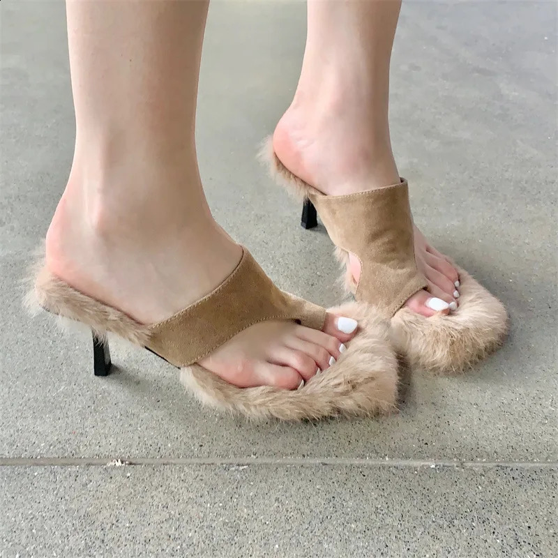 Womens True Rabbit Fur High Heel Sandals Ultra Fine High Heel Fur Slider 240827