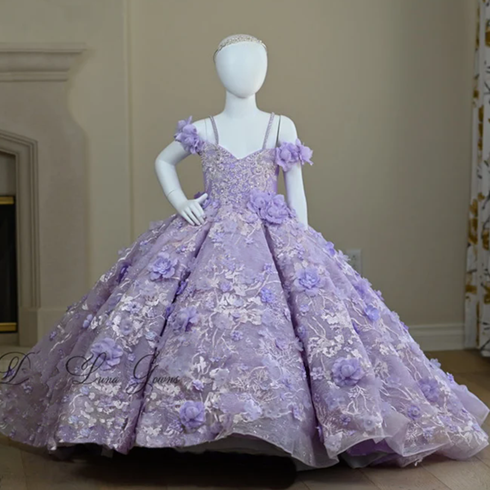 Girls lavender couture dress, sequin pearl beaded with embroidery and 3D flowers, princess birthday party pageant ball gown dress