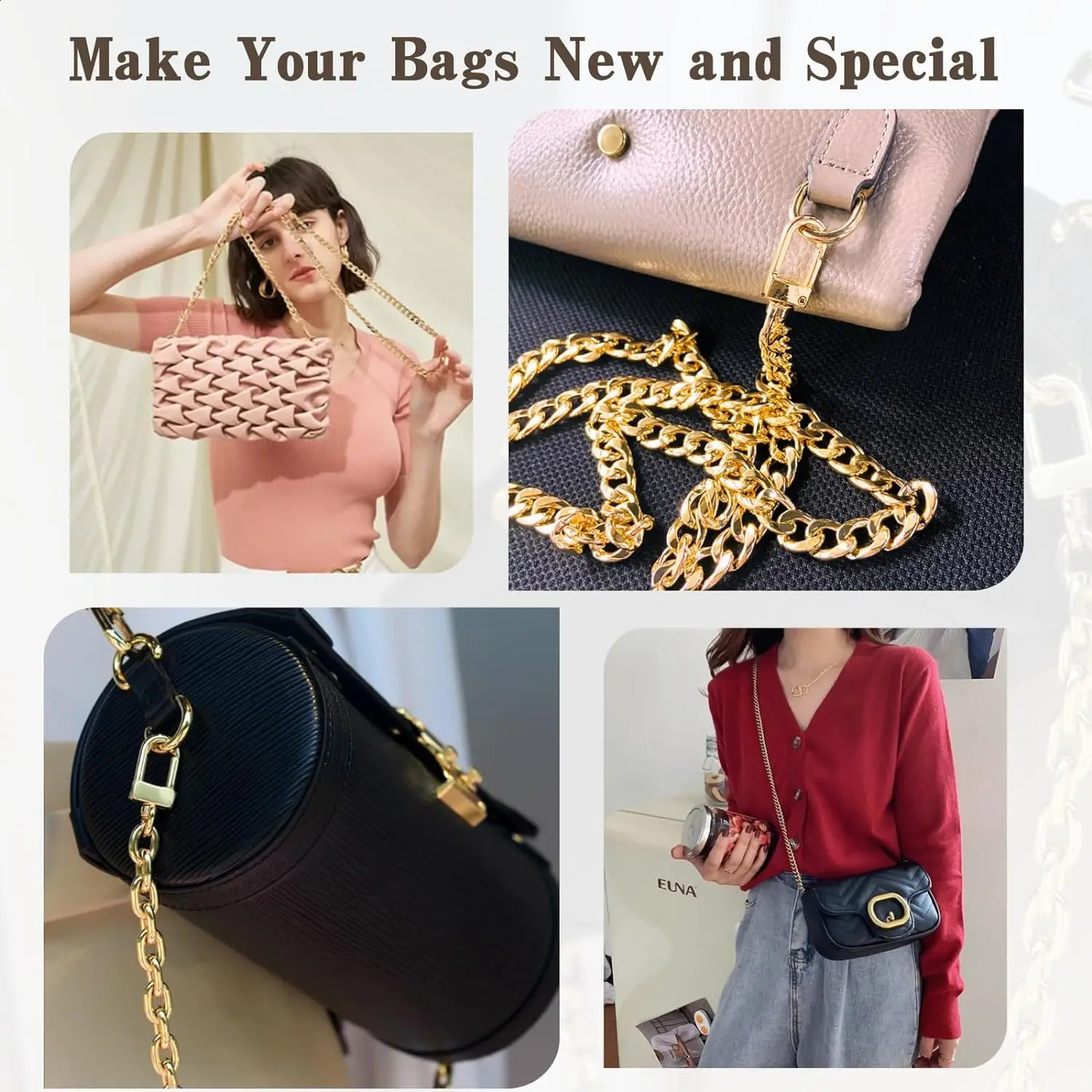 Purse Chain Strap Flat Handbag Chains with Metal Buckles for Wallet Satchel Tote Bags Shoulder Bag Replacement 240826