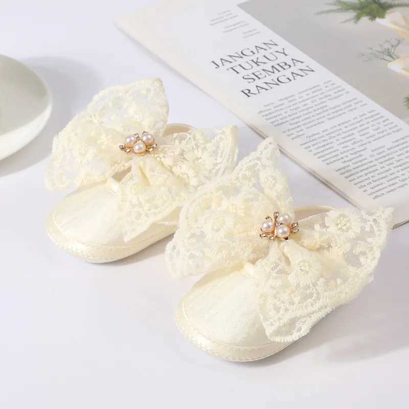 Baby girl flat shoes soft sole hollow bow tie pearl decoration anti slip first mover indoor outdoor toddler walking shoes M240827