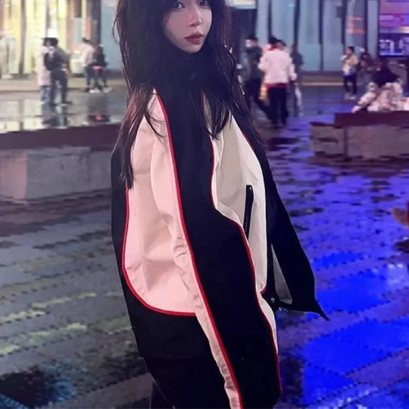 Retro Racing Jacket Women Cyber Y2k Streetwear Moto Patchwork Zipper Bomber Jackets Loose Autumn Winter Motorcycle Outwear 240827